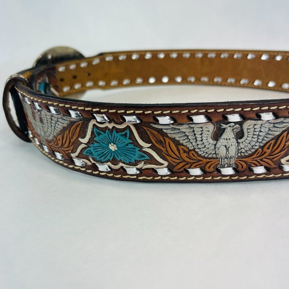 Beautiful Vintage 1960’s Turquoise Inlay Bald Eagle Silver Belt Buckle And Belt main image 9